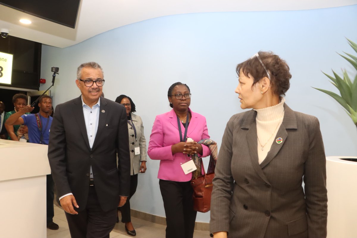 WHONAMIBIA's tweet photo. @WHO Director General  @DrTedros  arrived last night in Namibia for a 2 day official visit.  He will have bilateral meetings with  the Head of State @hagegeingob, FLON, Madam @KalondoMonica &amp; Minister of @MhssNamibia @DrKalumbi to discuss #HealthForAll Namibians. https://t.co/KS5wbzKIEu