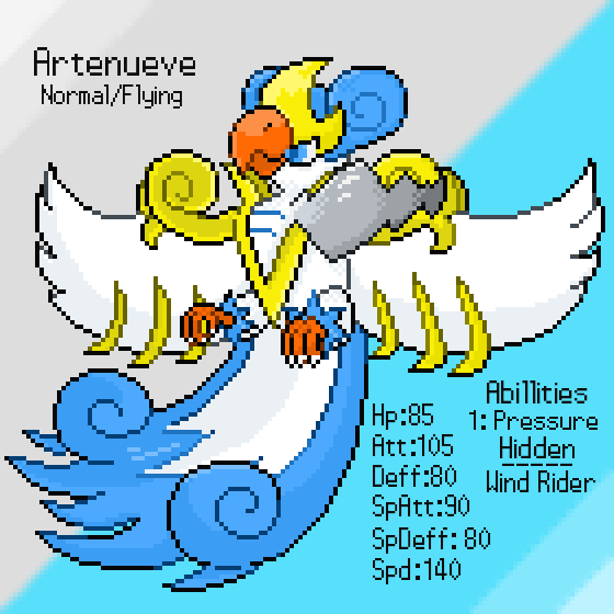 fakemongos875's tweet photo. My submission for the normal type bird: Artenueve (deriving from the Greek goddess Artemis).
Artenueve love to showboat their aerial skills and speed. It has been known to cause hurricanes by sheer speed, once leading to the destruction of a distant land long ago.#300kMagik https://t.co/bYS7gQjx7j