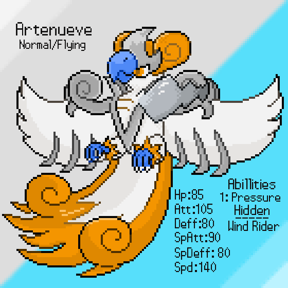 fakemongos875's tweet photo. My submission for the normal type bird: Artenueve (deriving from the Greek goddess Artemis).
Artenueve love to showboat their aerial skills and speed. It has been known to cause hurricanes by sheer speed, once leading to the destruction of a distant land long ago.#300kMagik https://t.co/bYS7gQjx7j