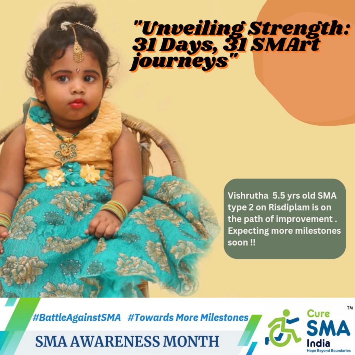 curesmaindia's tweet photo. #SMAjourney with #Evrysdi #Risdiplam : 
🌟 Amazing progress for Visrutha, a 5.5-year-old from Tamil Nadu, thanks to Risdiplam! She's regained her crawling ability and is on a positive journey of improvement. Let's support and encourage this brave young princess. 🙌
#SMAawareness
#BattleAgainstSMA  #RisdiplamSuccess #LittleWarrior
@Roche @rocheindia @mkstalin