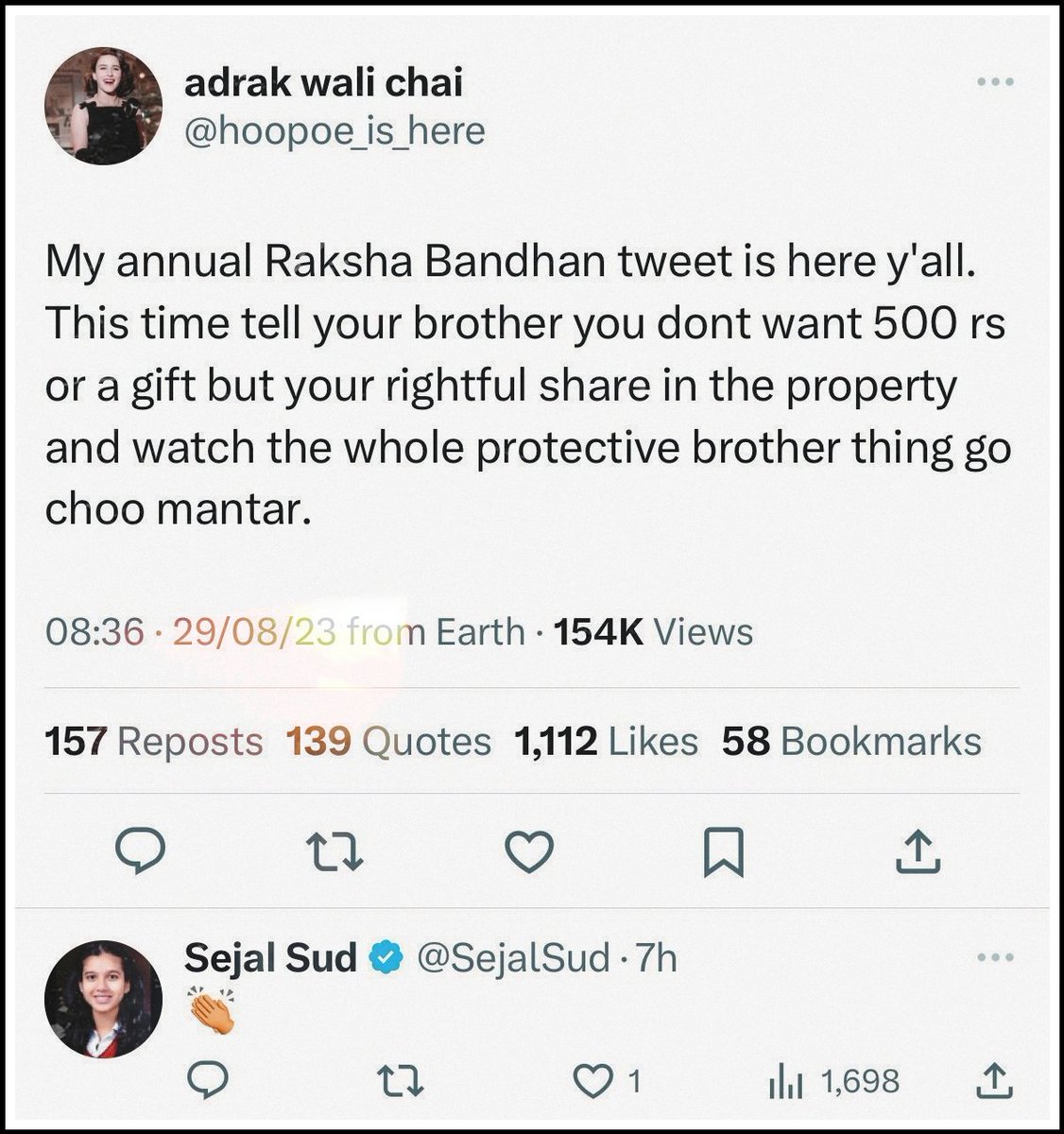 Hindu girls already have 50% share in property, while Muslim girls inherit only half of their brothers' share. Even if they're the only child, only half; rest will go to a male relative.

But let's specifically select a day of a Hindu festival to play feminism on property rights.