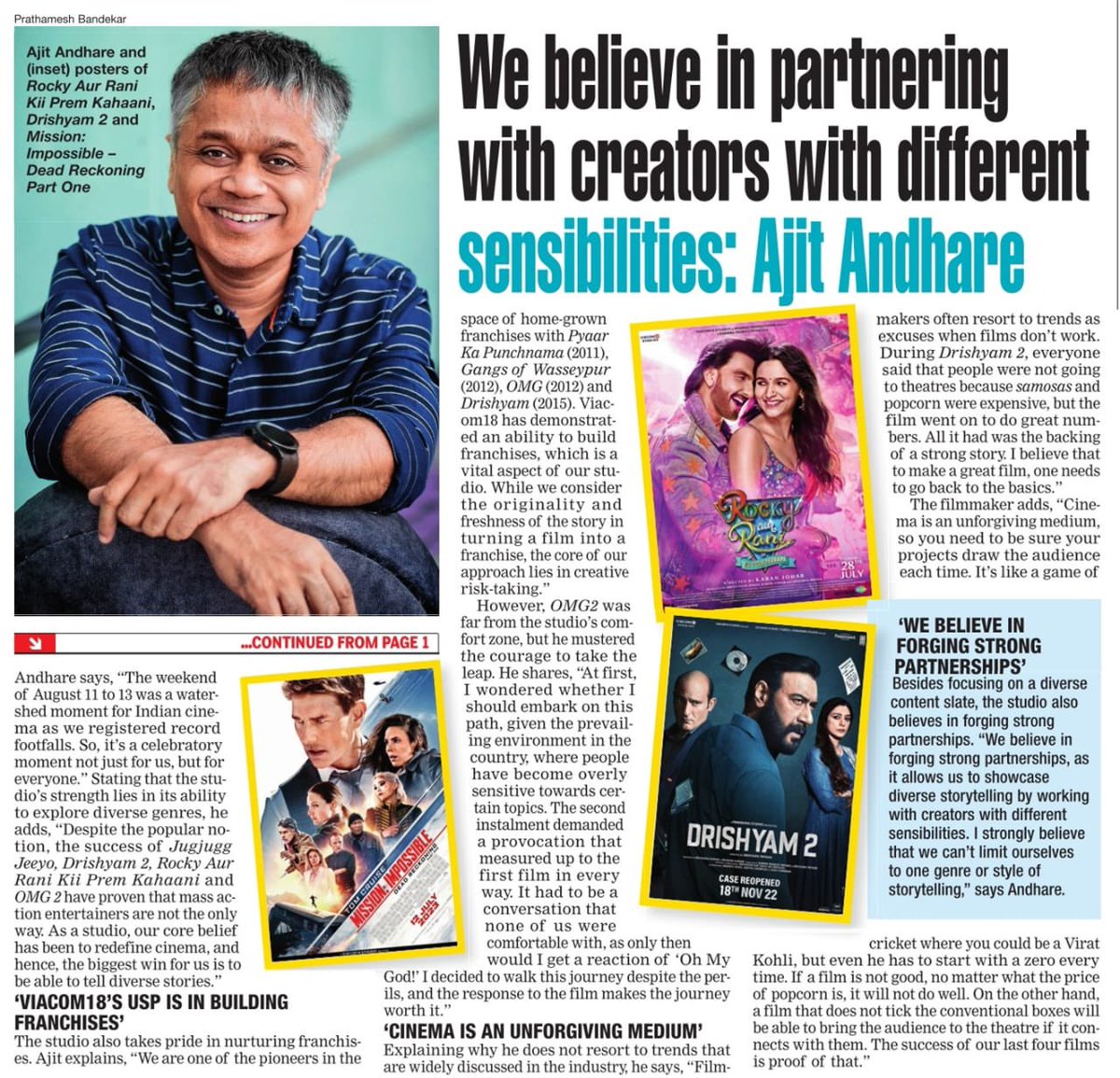 “Redefining cinema has been our core belief” - @AndhareAjit discusses the wave of success and creating franchises with @bombaytimes #Viacom18Studios