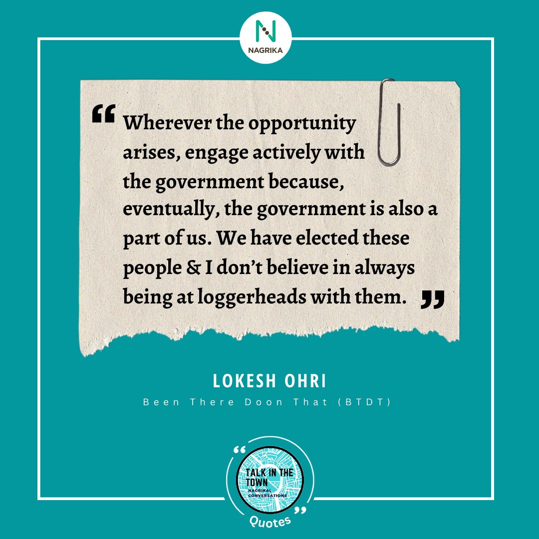 According to Mr. Lokesh Ohri, constantly being at loggerheads with the government is not the solution.

Therefore, citizens should keep looking for opportunities to engage  with the government.

Watch the full video on our YouTube channel- youtu.be/zzANg9O6gcM 

#Nagrika