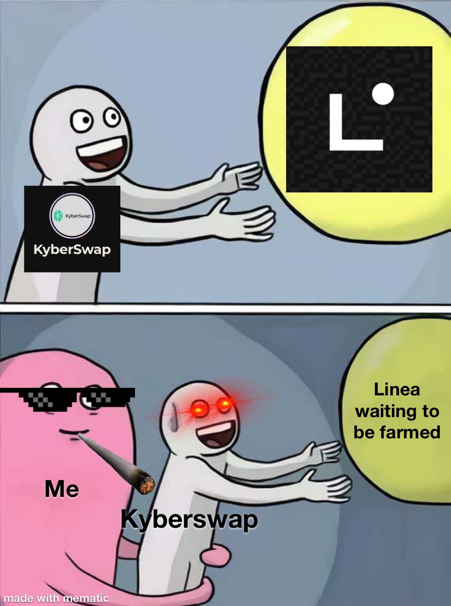 Messijnrz's tweet photo. While other DEXs allow you use them without any thoughts for an airdrop well check out Kyberswap one of the best out there of which is allowing users farm on LineaBuild @KyberNetwork #Lineafarms #KyberSwap #Linea #meme https://t.co/XRO7aB0yoi