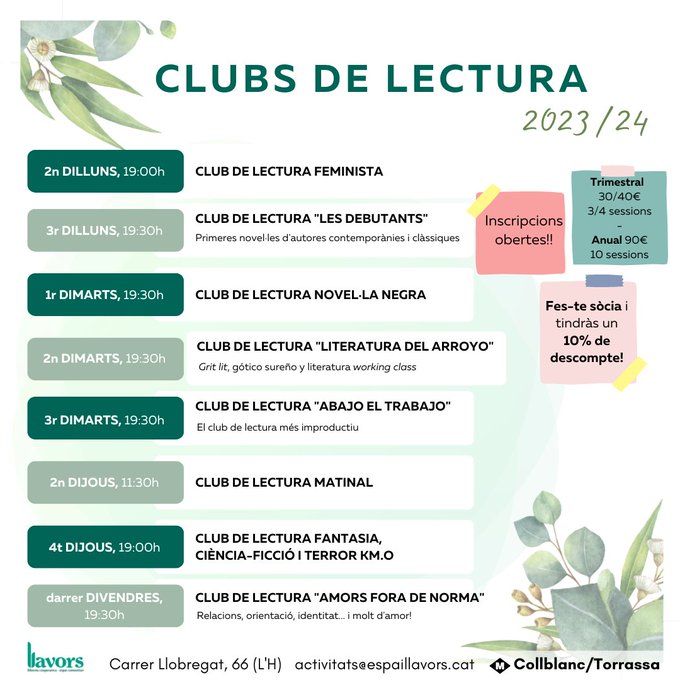 Ja heu vist tots els clubs de lectura que farem aquest curs? 
Si teniu dubtes, el dia 13 a les 19h, farem una sessió informativa!
Inscripcions ja obertes!!