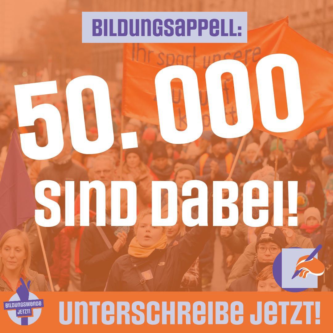 Über 50.000 Menschen haben schon für die #bildungswende unterschrieben!! Da geht noch mehr ;) Hier kannst du dich hinter den Appell "Bildungswende JETZT!" stellen 👉
change.org/Bildungsprotes… #twlz #twkita