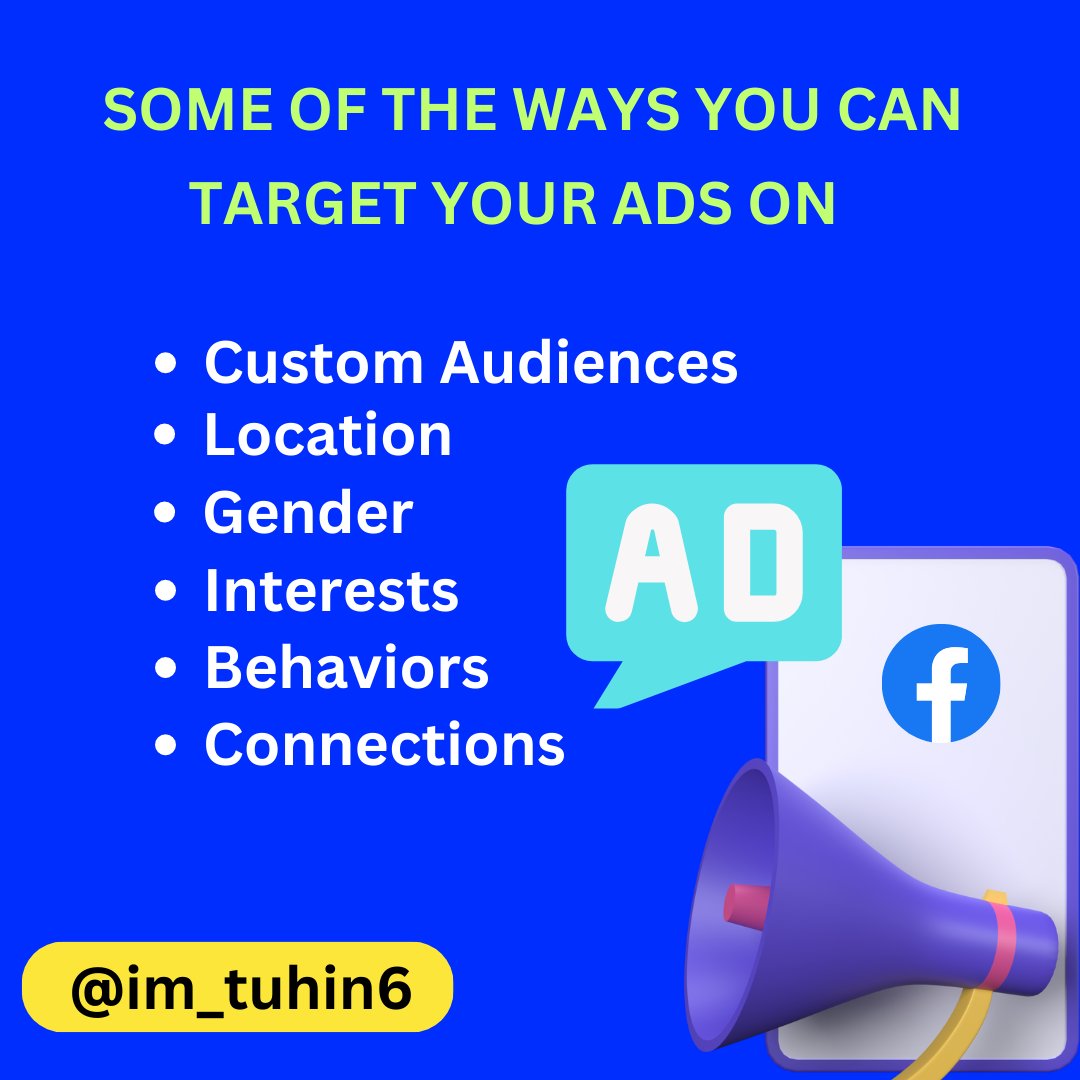 Some of the ways you can target your ads on Facebook

⭕Custom audiences – allows you to target existing customers or leads

#digitalmarketinginsights #socialmediatools #socialmediacoach #facebookmarketing #instagramads #socialmediatrends

Order Now: fiverr.com/s/E9k6Ee