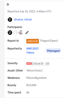 dhakal__bibek's tweet image. Yay, I was awarded a $10,000 bounty on @Hacker0x01! hackerone.com/dhakal_bibek #TogetherWeHitHarder 
#WorldCup2023 #AWC2023