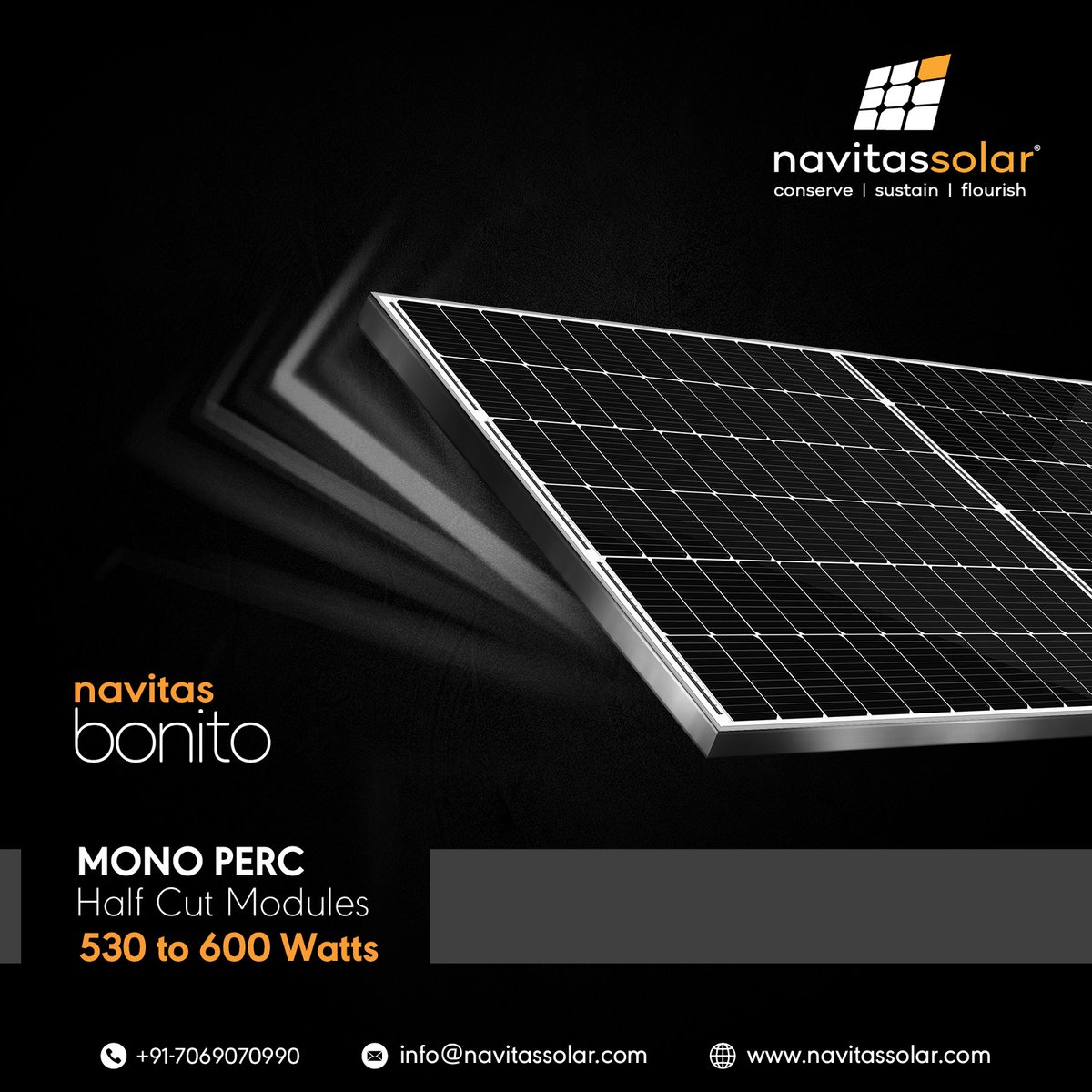 Introducing our game-changing #Navitas Bonito #MONO #PERC Half Cut #Modules 530 to 600 Watts #solar #panels, the epitome of #efficiency, #reliability, and #power generation. To know more Visit us: navitassolar.com Write us: info@navitassolar.com Call at +91 70690 70990