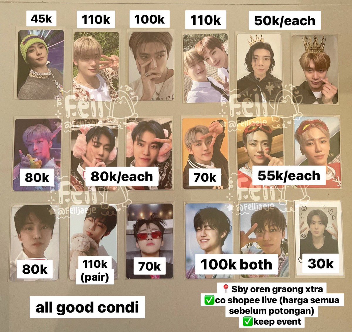 felljaeje's tweet photo. wts/want to sell pc nct
jaehyun 2 baddies korea ver 45k
jaehyun digipack djj 3 jari 110k
jaehyun ayyo pob hottracks 100k
jaewoo selca uniform djj 110k
johnny taeil pc fanmeet kr oua 50k/ea
pc jaemin special candy 80k
pc jaemin pink christmas 80k/ea
pc jaemin smini candy 70k
📍Sby https://t.co/mkAyq9yliB