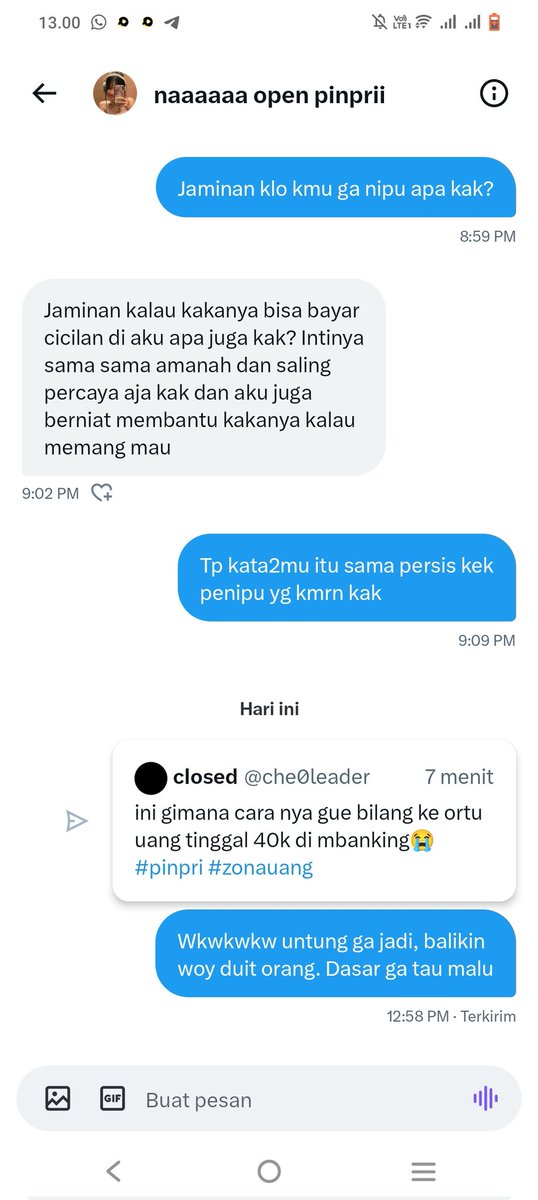 Rrrhha_'s tweet photo. @che0leader Lain kali hati2 ya kak, jgn percaya yg pake fee awal sm deposit kek gitu https://t.co/xEqdwjkojr