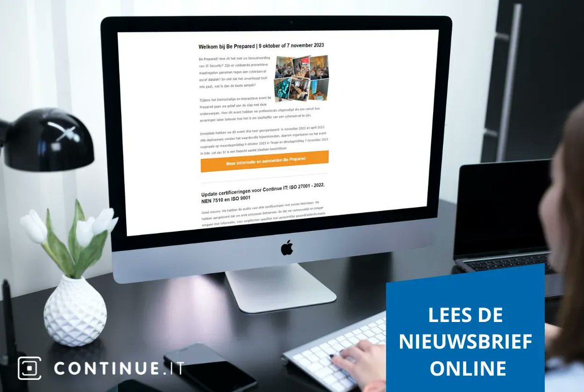Deze week is er weer een Continue IT nieuwsbrief verschenen! Met daarin onder meer de voortgang van onze ISO en NEN certificeringen, tips en adviezen voor een veilige IT omgeving. 

Benieuwd? Lees onze nieuwsbrief online (en abonneer u ook meteen)! 👉 
buff.ly/45s0nsR
