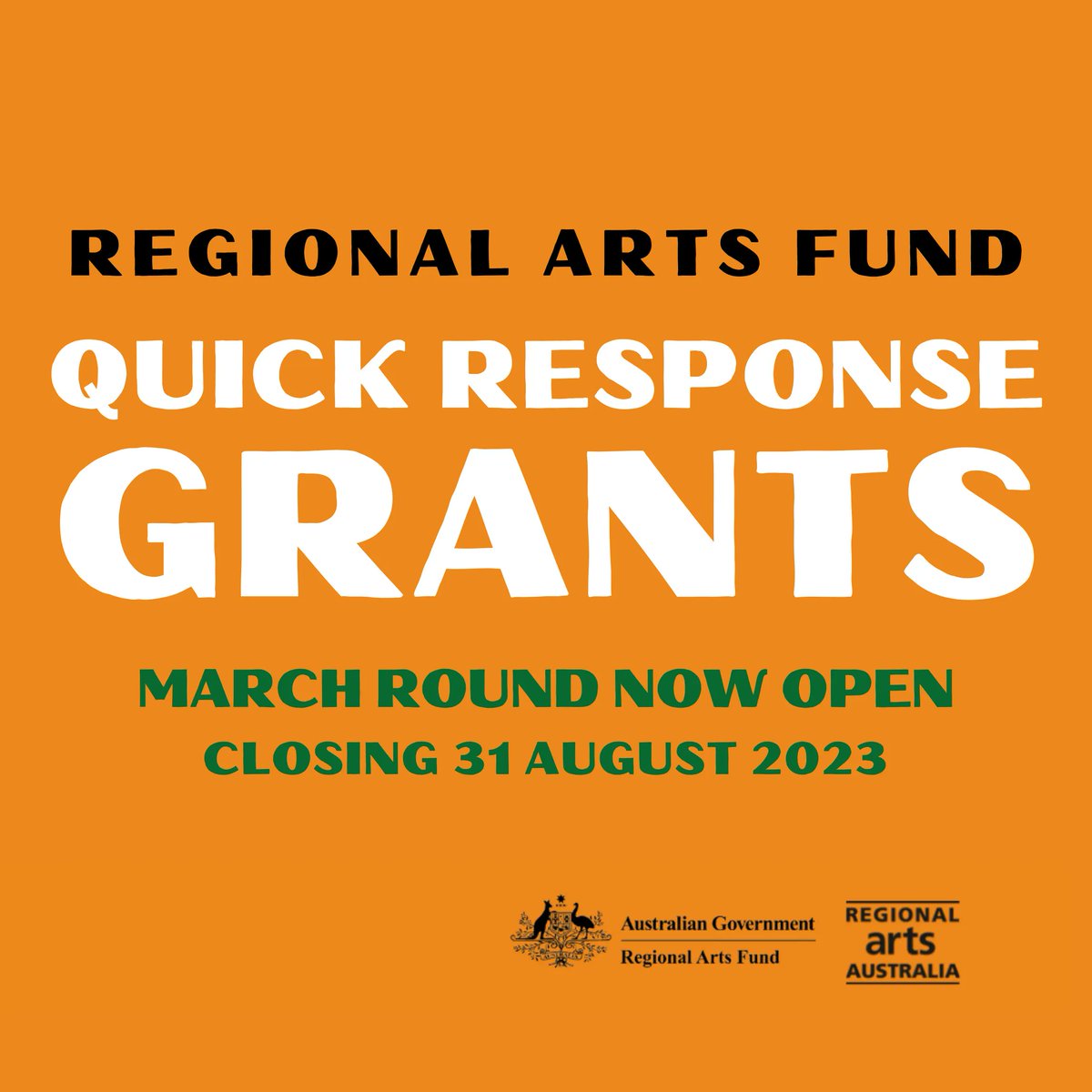 AUGUST ROUND 2023 Regional Arts Fund Quick Response Grant CLOSING at 11:59pm 31 August 2023 for projects starting 14 September 2023 or later. Up to $3,000 for individuals and $5,000 for organisations. Read full guidelines and eligibility information at buff.ly/3kWNUra