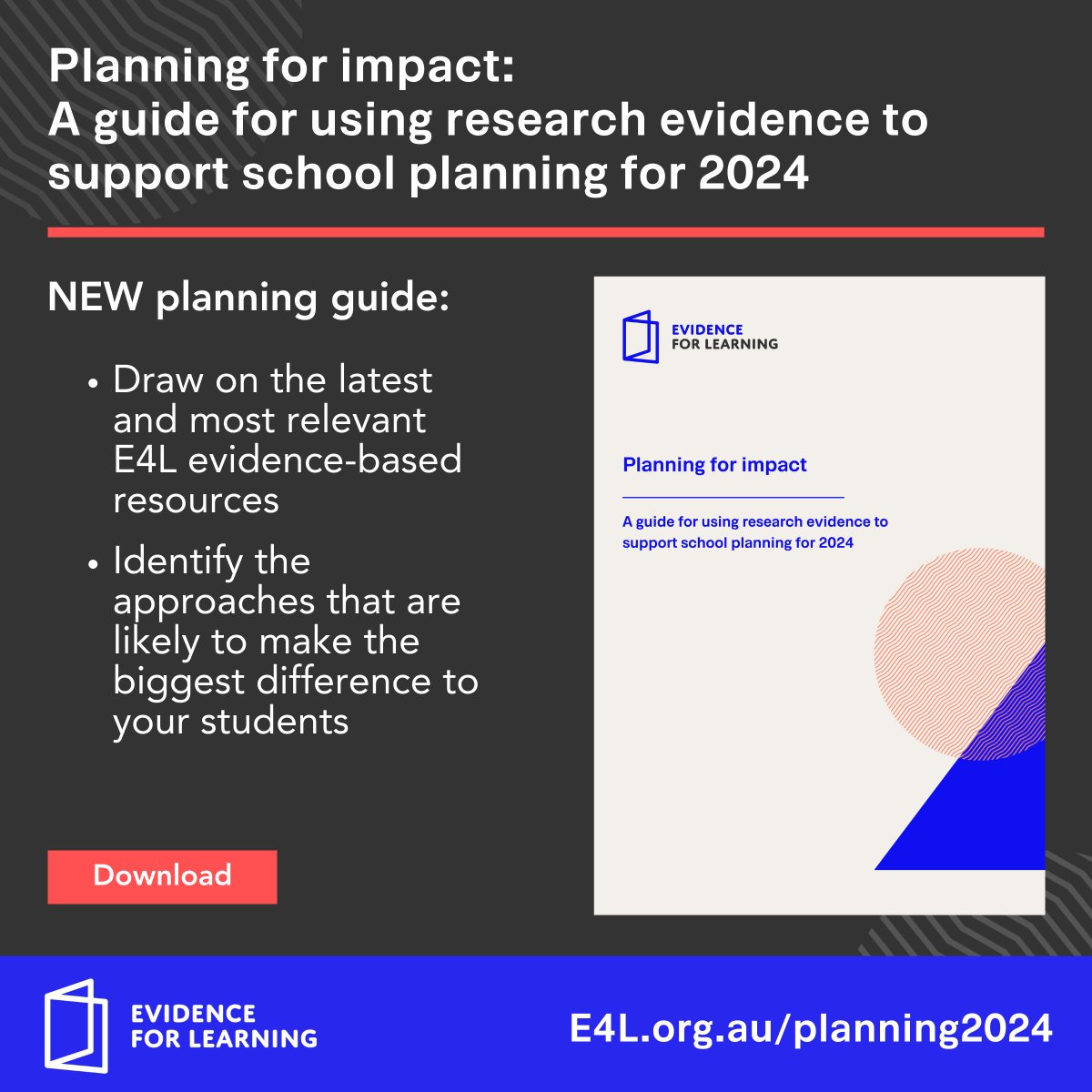 NEW! Today we release ‘Planning for impact: A guide for using research evidence to support school planning for 2024’. This resource brings together the <a href="/E4Ltweets/">Evidence for Learning</a> resources into one guide to support your school planning processes #AussieEd #SchoolLeaders E4L.org.au/planning2024