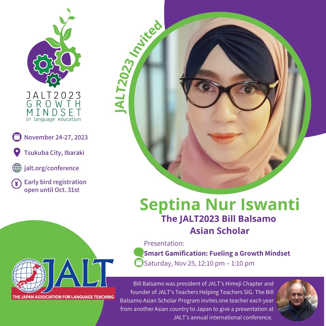 Septina Nur Iswanti is our #JALT2023 Bill Balsamo Asian Scholar. Her invited speaker presentation is on Saturday, November 25. Please see jalt.org/conference/jal… for details.