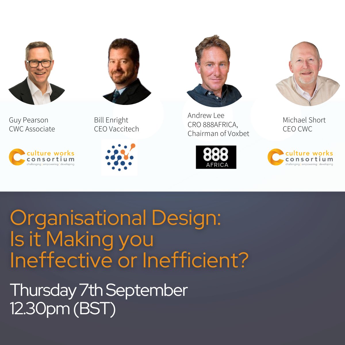 CultureWorksLPD's tweet photo. Discover how to strategically reshape your company's culture for growth with insights from Bill Enright (Vaccitech) &amp; Andrew Lee (888Africa &amp; Voxbet) as well as our CEO Michael Short and Associate Guy Pearson. https://t.co/rg2X1NqtCP