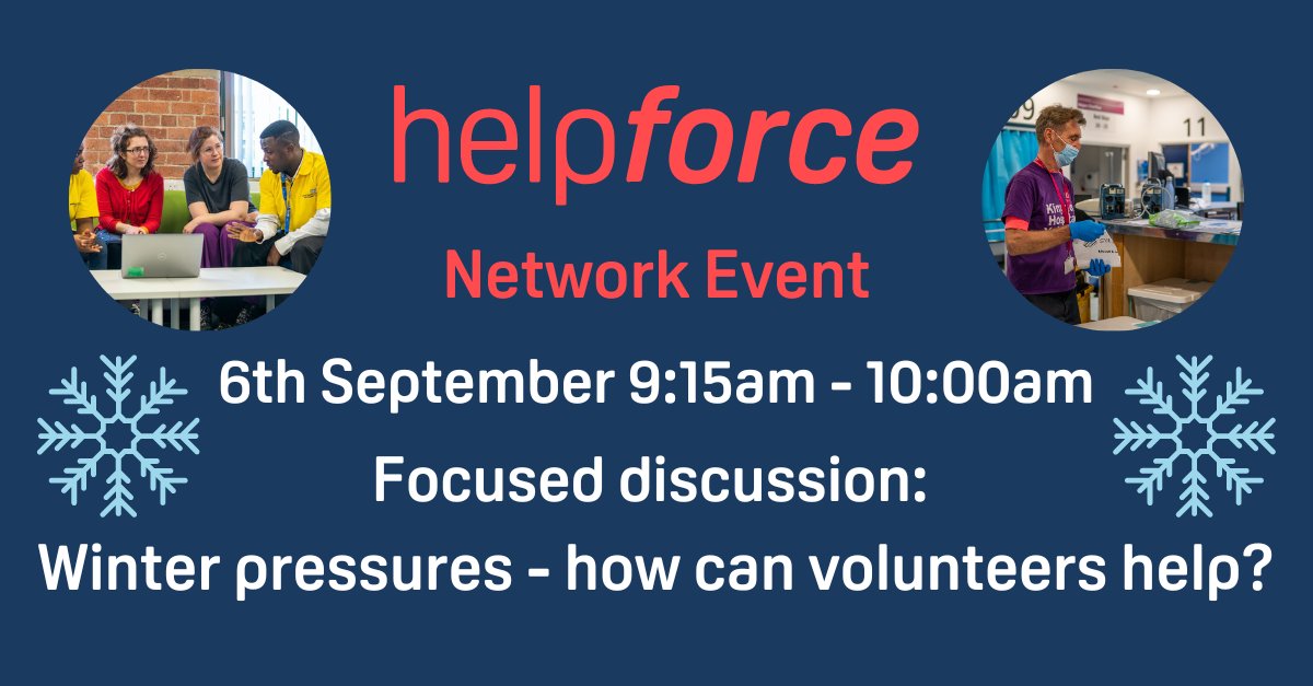 help_force's tweet photo. 🏥Winter is coming... & volunteers can help ! ❄️#VSMs Share your ideas, experiences, and role descriptions in our laid-back, brainstorm session. Join a warm community of #health and #care pros for chat and knowledge #WinterPressure @IntegratedNHS JOIN US👇
https://t.co/jz9LPXMd0M https://t.co/ofFcvNQZT8
