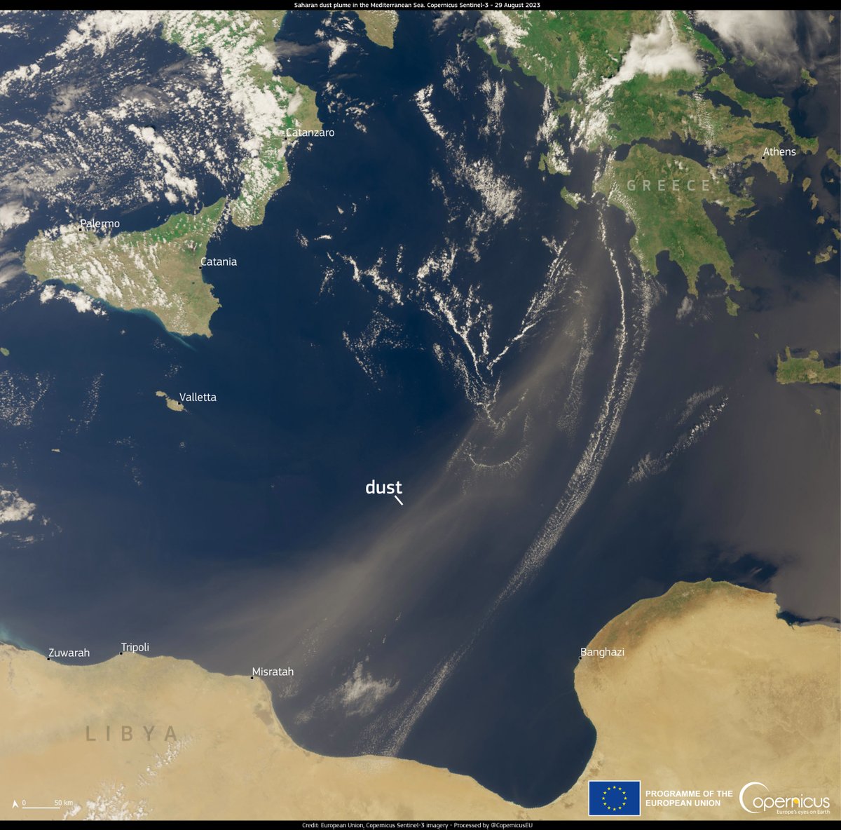 #ImageOfTheDay

Yet another #SaharanDust episode is ongoing in the Mediterranean Sea

The plume extends from the coast of Libya🇱🇾 to the southern coasts of Greece🇬🇷

⬇️On 29 August a #Copernicus #Sentinel3 🇪🇺🛰️ captured the dust plume drifting in the eastern Mediterranean