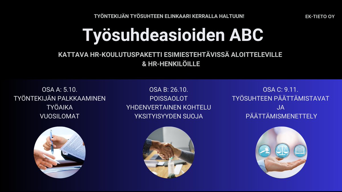 EKTieto's tweet photo. Työsuhdeasioiden ABC -koulutussarjalla työntekijän työsuhteeseen liittyvät asiat kerralla haltuun.
📣Koulutuspäivät (hybridi): A: 5.10. | B: 26.10. | C: 9.11.
🔎Lue lisää: https://t.co/zOvApU4h3R
#työsuhde #hr #esihenkilö #työsopimus #työaika #lomat #yhteistoimintamenettely https://t.co/Ebc3XJ3mP0