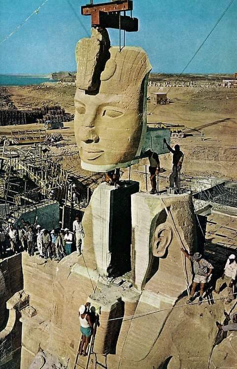 archeohistories's tweet photo. Relocation of Abu Simbel temples at Aswan, Egypt, between 1964-1968.

Twin temples were originally carved out of mountainside in 1264-44 BC, during reign of Pharaoh Ramesses II. 

Relocation avoided their submersion due to building of Aswan High Dam and creation of Lake Nasser.

#archaeohistories