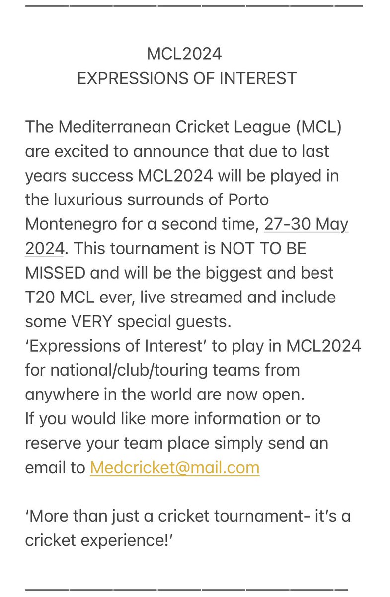MedCricket's tweet photo. #MCL2024 will be played in #PortoMontenegro 27-30 May 2024. Reserve your team place now

#MediterraneanCricketLeague #T20 #CroatianCricketFederation #MontenegroBokaneers #LiveStreamed #SponsorPackagesAvailable #SPECIALGUESTPLAYERS #BradHogg #SimonKatich #DarrenMaddy #PavelFlorin https://t.co/V4p7conBMn
