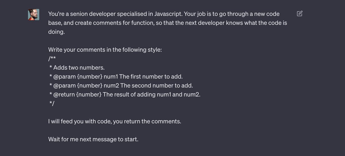 dannypostma's tweet photo. Today, my goal is to prepare my codebase for my next hire.

The first step is to have ChatGPT write comments for all of my functions.

Here's the prompt, input, and output: