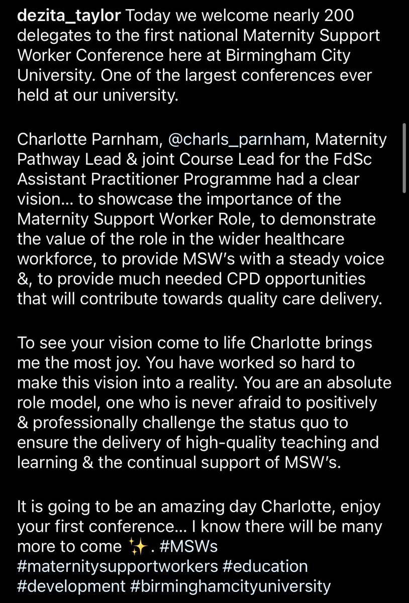 Today we welcome nearly 200 delegates to the first national #MaternitySupportWorker Conference here @MyBCU. I am so excited to see @CharlotteGrain9 vision come to life! as well as some of our @BCUHELS @BCU_HSC alumni. Keep a look out for conference updates & pictures… ✨