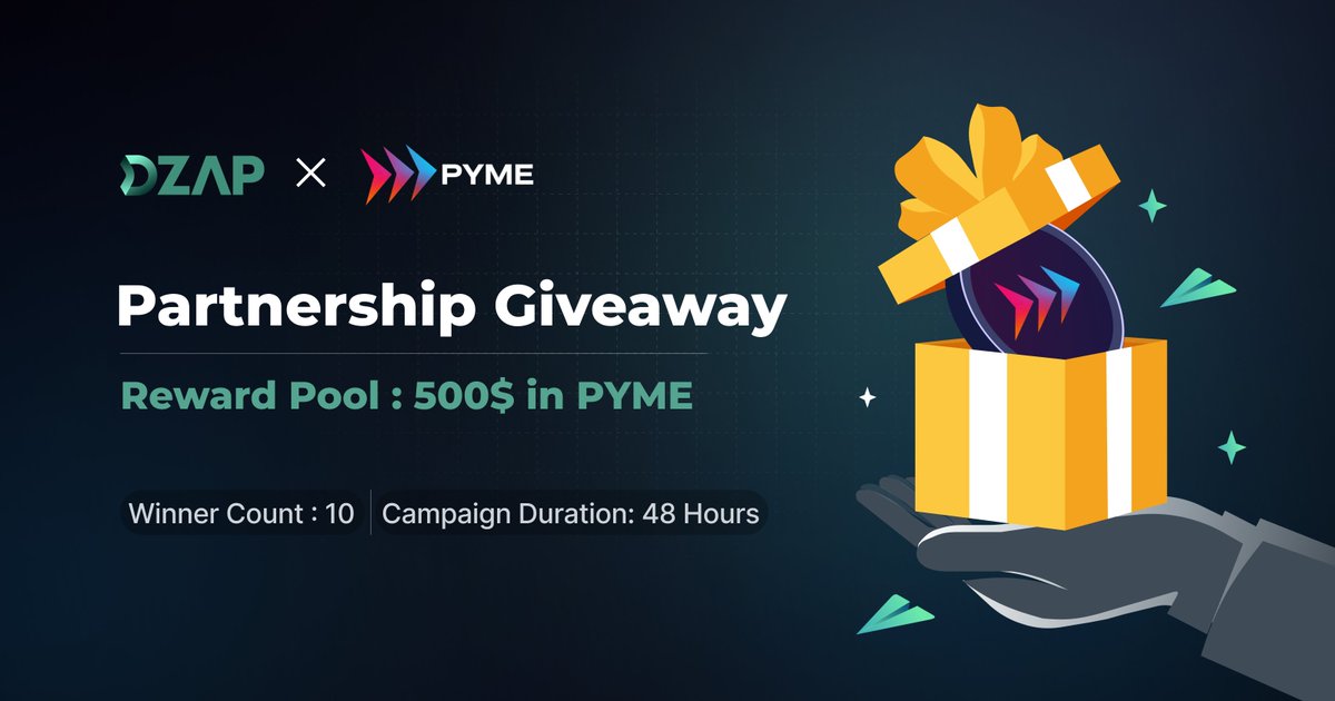 DZap  x Pyme Partnership Giveaway

💰 $500 worth of $PYME tokens 
🍄 10 winners 
⏰ 48 Hours

How do I participate ?
👉 RT This Tweet
👉 Follow <a href="/dzap_io/">⚡DZap</a>  &amp; @PymeDAO  on Twitter
👉 Join DZap Discord discord.com/invite/aRHESJB… 
👉 Join Pyme Discord discord.com/invite/eecfRVs…
