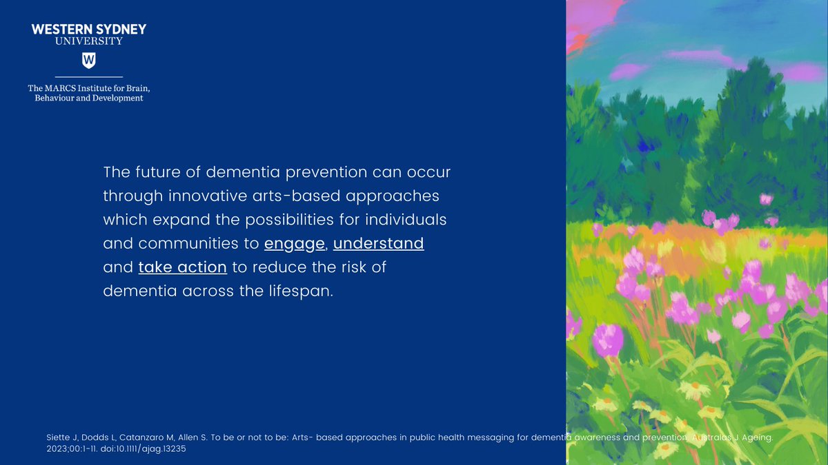 Latest study on #dementia prevention from @jsiette @Laura_Dodds_ & team explores arts-based approaches to help individuals and communities engage, understand & take action. Read more here: onlinelibrary.wiley.com/doi/10.1111/aj… #artscience #PublicHealth