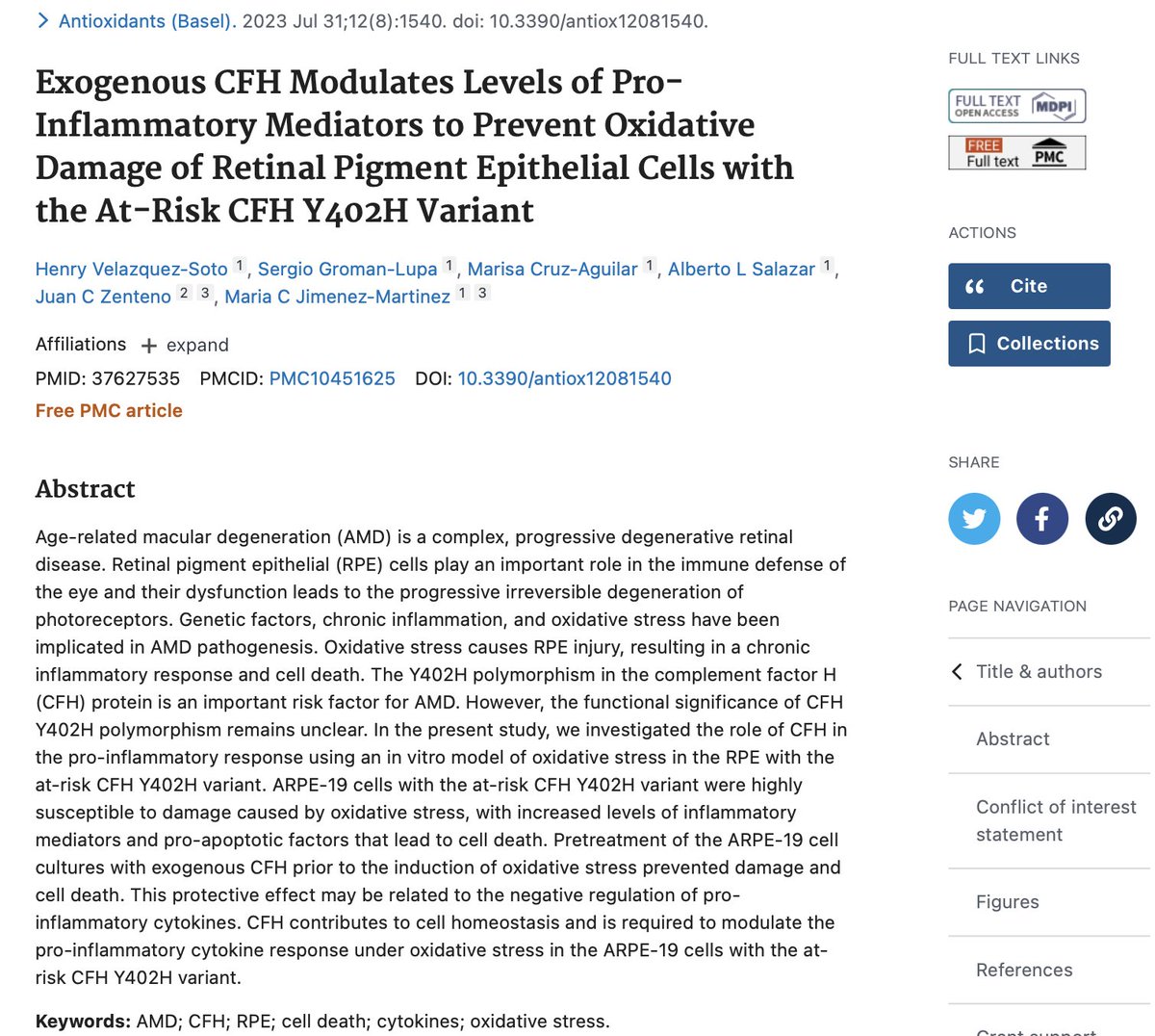 MariaCJimenezM's tweet photo. Age-related macular degeneration (AMD) is one of the leading causes of blindness. This work demonstrates that complement Factor H regulates oxidative damage in a retinal epithelial cell line with the Y402H mutation. Our research is another step towards finding out more about AMD. https://t.co/tDtwNZpEig