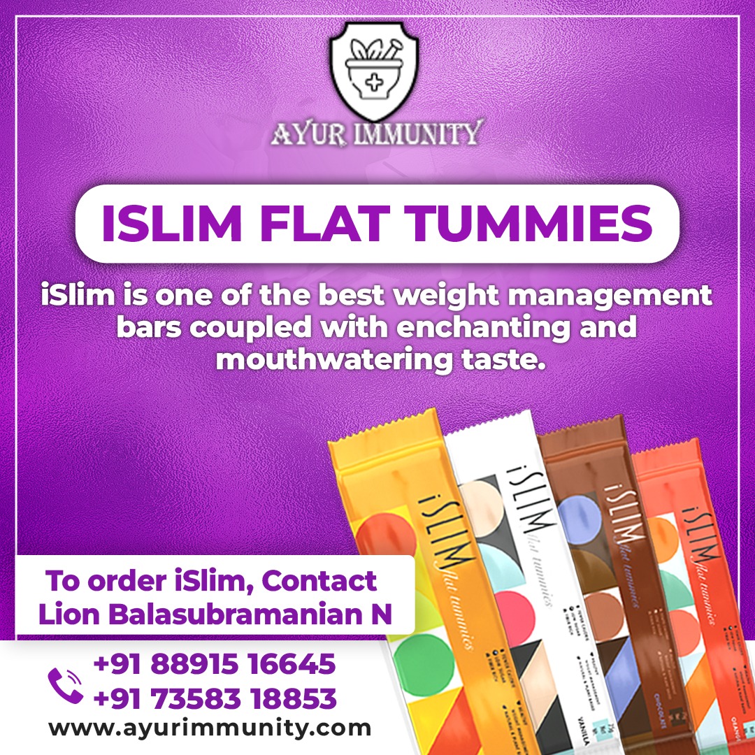 ayurimmunity's tweet image. ISLIM FLAT TUMMIES
islim is one of the best weight management bars coupled with enchanting and mouthwatering taste.

To order islim, Contact Lion Balasubramanian N +91 73583 18853 / +91 88915 16645
Visit our website, ayurimmunity.com
#flattummy #weightloss #reduceweight