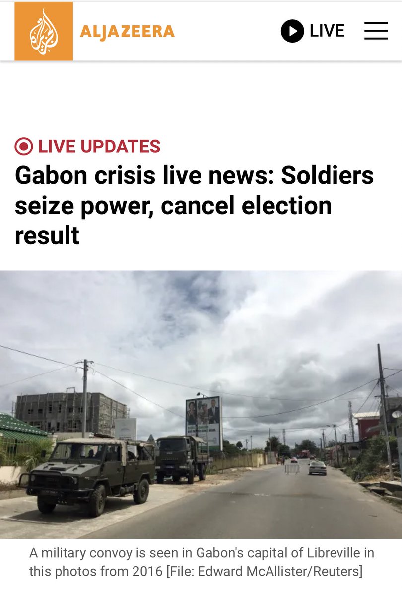 BREAKING: Gabon Military has taken over power after fraudulent Elections confirmed Ali Bongo as winner of Presidential Elections for the third consecutive time. Borders have been closed and all Government Institutions dissolved.