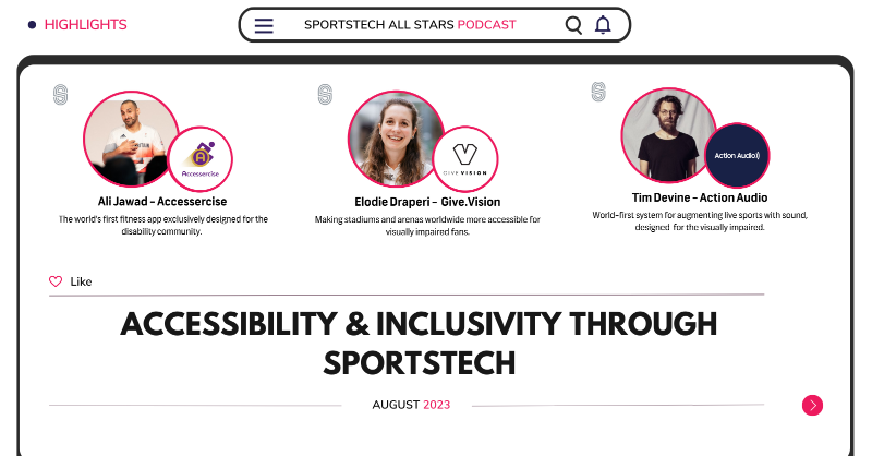 sportstechx's tweet photo. ⏪  In August, we focused on sports #startups that are leveraging the power of tech to make sports more accessible and inclusive for all.

📰| Learn more about how @accessercise, @givevision &amp; #ActionAudio are paving the way for fans and athletes with different abilities: