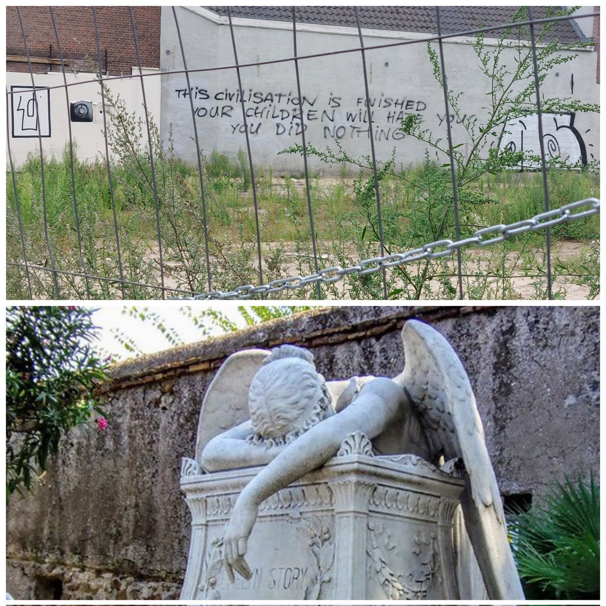 SmearMrTroof's tweet photo. "THIS CIVILISATION IS FINISHED YOUR CHILDREN WILL HATE YOU YOU DID NOTHING" (unknown artist), a graffiti as seen on a lot at #groteberg 17 #eindhoven and an "Angel Of Grief" (William Wetmore Story), in #Rome thank you @JoannaLumleyUK 
Have a nice week everyone! 
#ClimateAction https://t.co/9ZDh6R9nI4