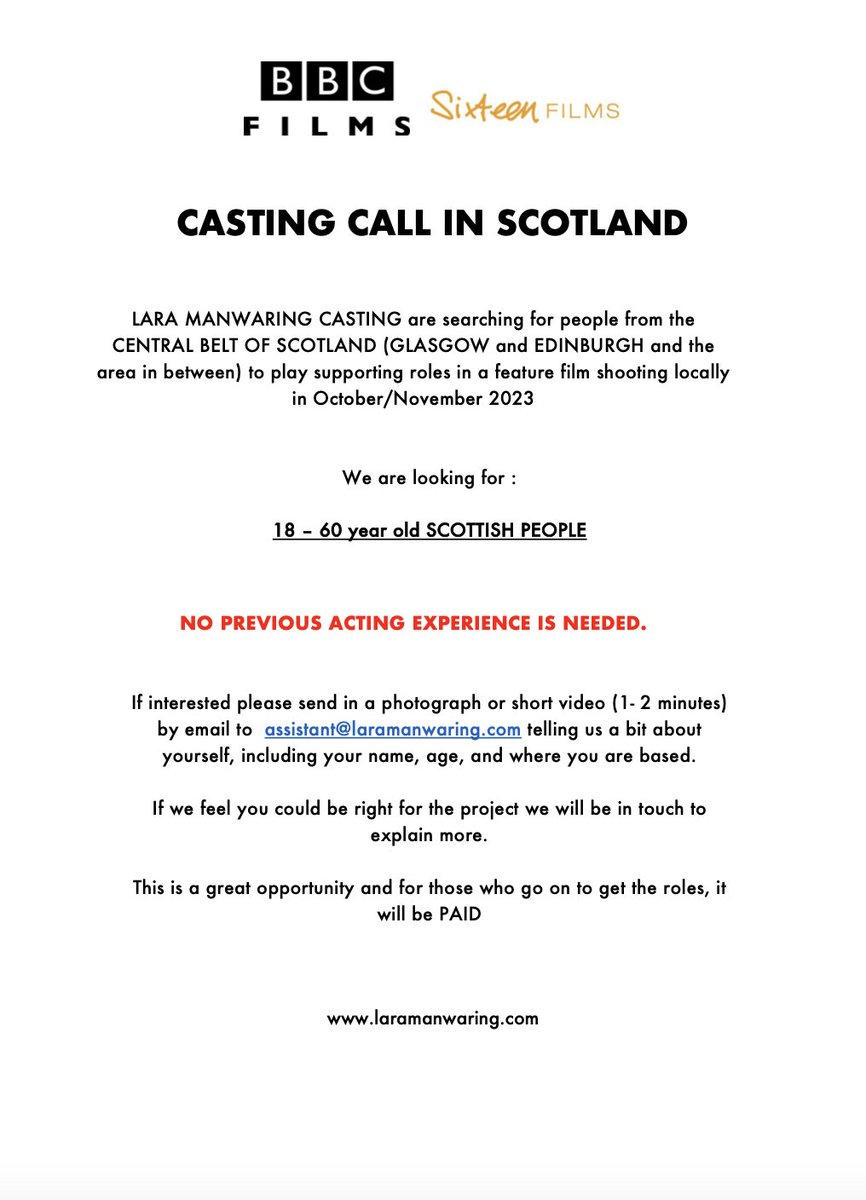 ManwaringLara's tweet photo. Now looking for Scottish people to play supporting part in the BBC Feature film.  All info on flyer below! https://t.co/AZk3EIvQlL