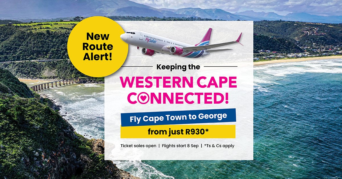 FlySafair's tweet image. From 8 Sept, we’ll be re-launching our Cape Town/George route, offering flights, 3 times a week, between these two Western Cape gems. Tickets are already available to purchase, starting from R930* one-way. 

Book now at flysafair.co.za

T's&amp;amp;C's apply