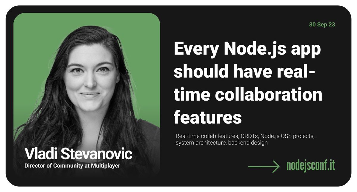 Meet our awesome speakers! <a href="/vladistevanovic/">Vladi Stevanovic</a> will bring us her talk "Every Node.js app should have real-time collaboration features". 
See you all in Desenzano on September 30th.
🚀 Have you already bought your ticket? 2023.nodejsconf.it <a href="/nodejs/">Node.js</a> #NodeJSConf #nodejs