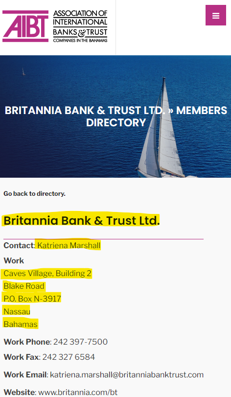 ParrotCapital's tweet photo. Things are getting interesting with #Britannia Bank in the Bahamas. Katriena Marshall is listed as the contact with the #AIBT. On her LinkedIn, she's Head Of Risk for the bank.
Previously, she worked for #BSIOverseas #BSIBank for 15 years...but wait, there's more.π https://t.co/ilzaJ16XBi