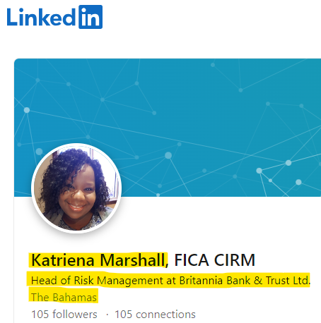 ParrotCapital's tweet photo. Things are getting interesting with #Britannia Bank in the Bahamas. Katriena Marshall is listed as the contact with the #AIBT. On her LinkedIn, she's Head Of Risk for the bank.
Previously, she worked for #BSIOverseas #BSIBank for 15 years...but wait, there's more.π https://t.co/ilzaJ16XBi
