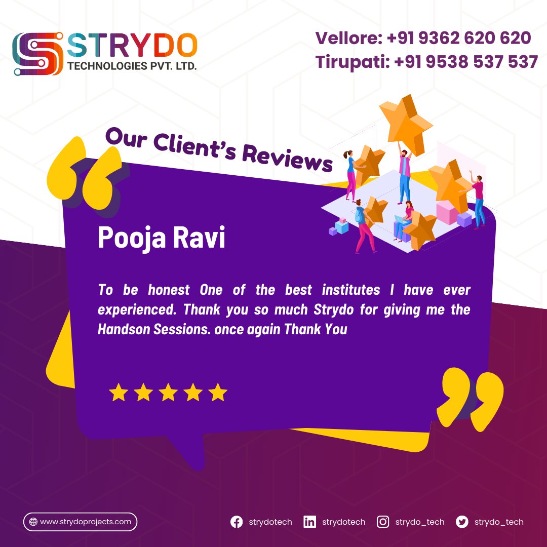 Strydo_tech's tweet photo. See our Client's reviews about our services, Contact us for your Academic projects, Internships, Workshops, Industrial Visits etc.
#strydo #technologies #vellore #tirupati #finalyearprojects #studentprojects #academicprojects #cse #ece #eee #reviews #happyclients #customerreview https://t.co/6euLTlpdbw