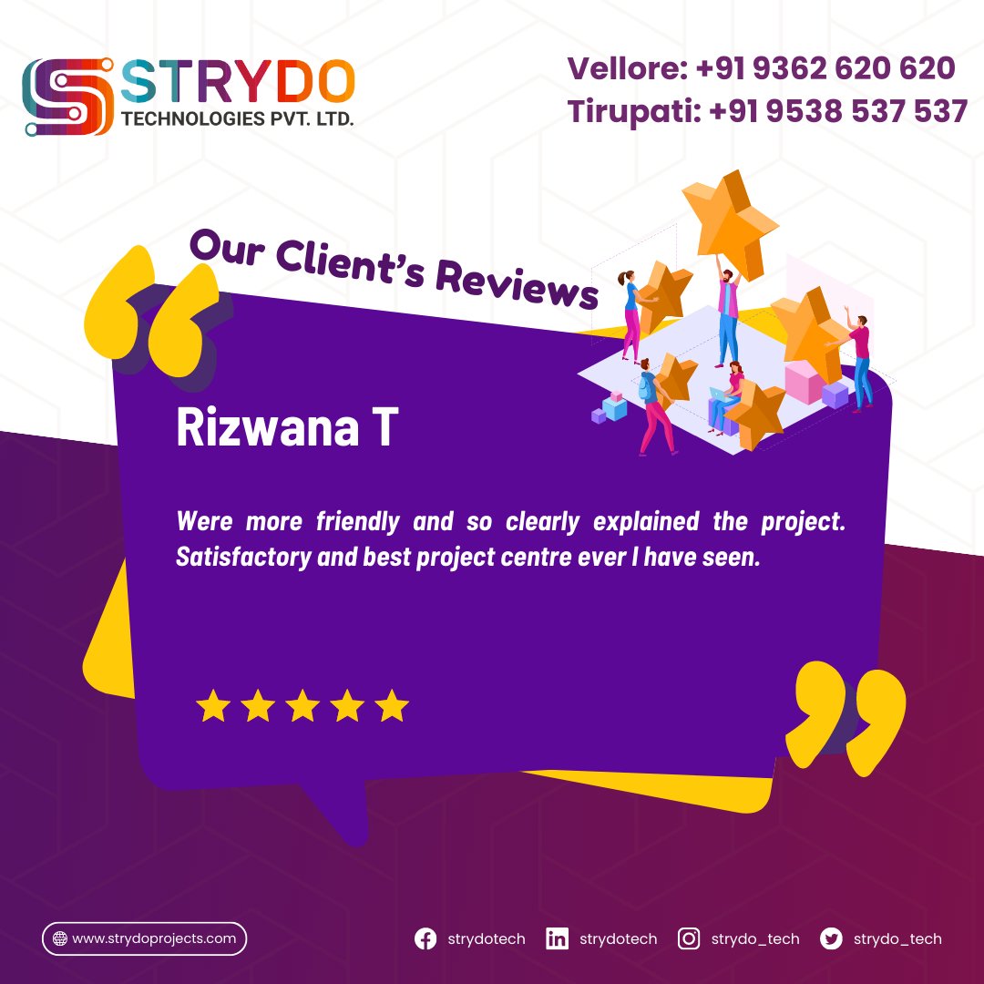 Strydo_tech's tweet photo. See our Client's reviews about our services, Contact us for your Academic projects, Internships, Workshops, Industrial Visits etc.
#strydo #technologies #vellore #tirupati #finalyearprojects #studentprojects #academicprojects #cse #ece #eee #reviews #happyclients #customerreview https://t.co/6euLTlpdbw