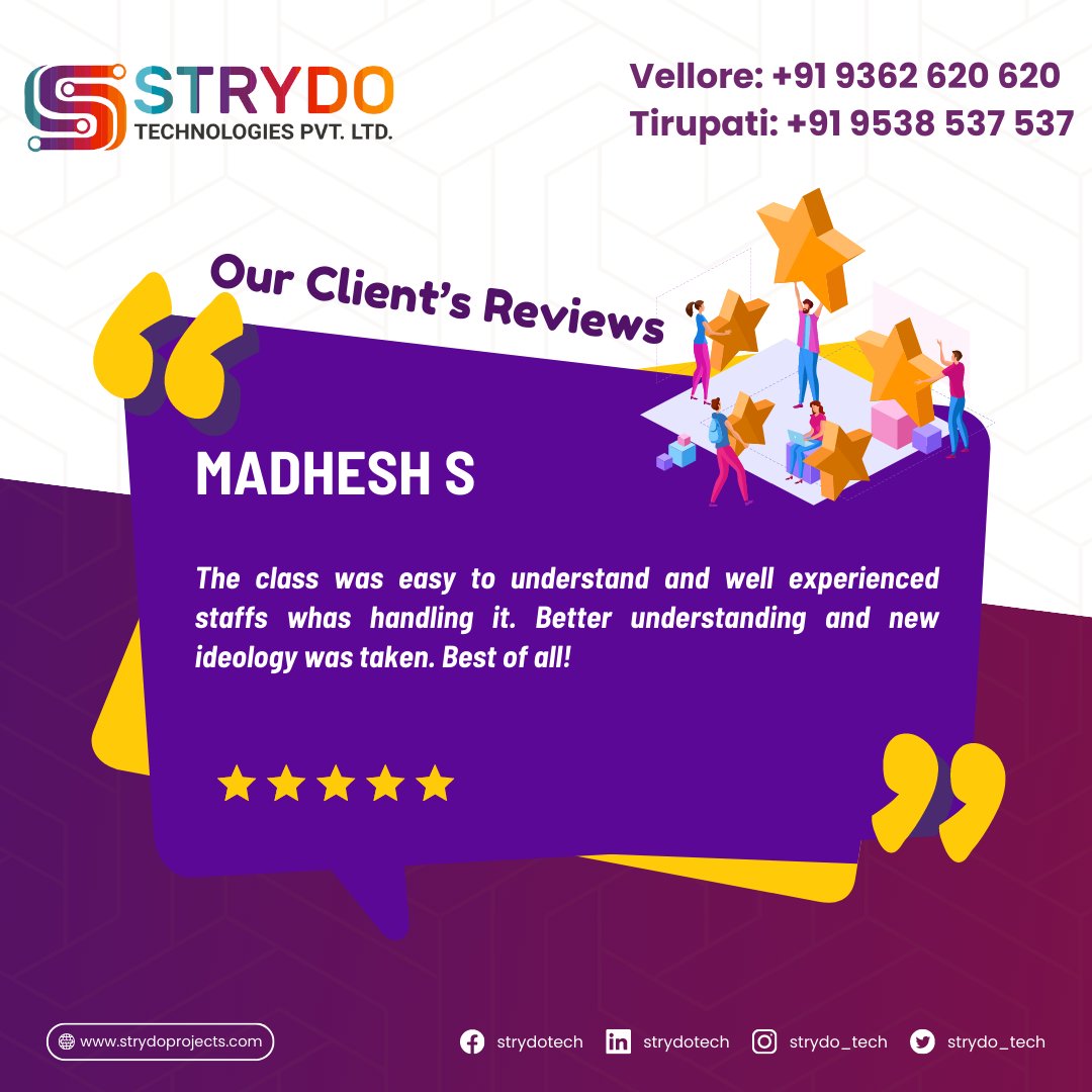 Strydo_tech's tweet photo. See our Client's reviews about our services, Contact us for your Academic projects, Internships, Workshops, Industrial Visits etc.
#strydo #technologies #vellore #tirupati #finalyearprojects #studentprojects #academicprojects #cse #ece #eee #reviews #happyclients #customerreview https://t.co/6euLTlpdbw