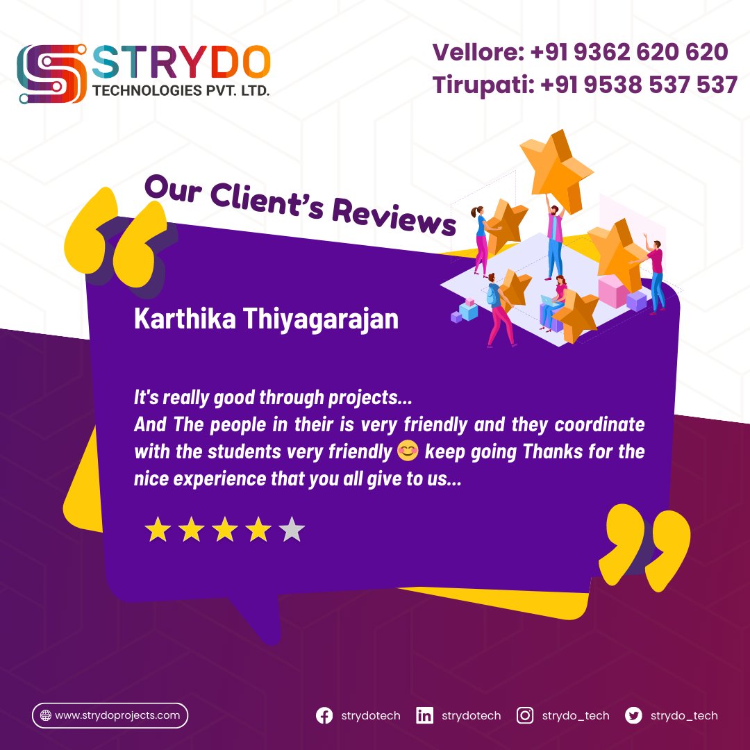 Strydo_tech's tweet photo. See our Client's reviews about our services, Contact us for your Academic projects, Internships, Workshops, Industrial Visits etc.
#strydo #technologies #vellore #tirupati #finalyearprojects #studentprojects #academicprojects #cse #ece #eee #reviews #happyclients #customerreview https://t.co/6euLTlpdbw