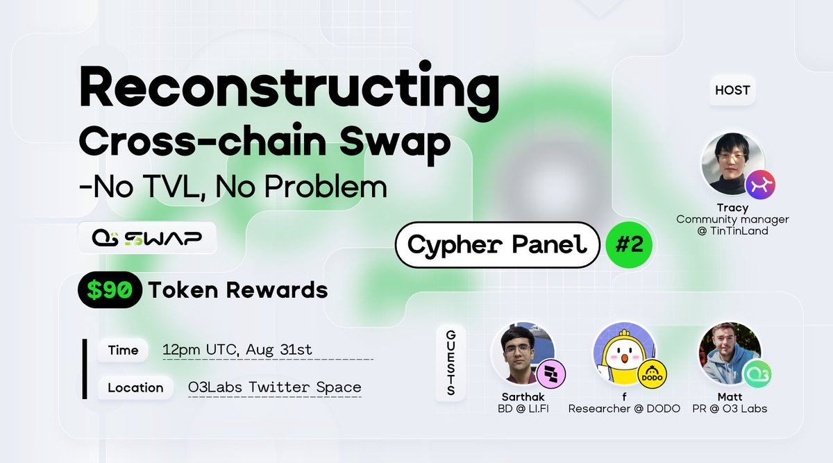 OMOSwapX's tweet photo. 💟Cypher Panel #2 is happening  right up!
🌉 This week's guests include @lifiprotocol and @BreederDodo to discuss the revival of crosschain swapping. This week's host is the honorable @OurTinTinLand 
💟Join us to share the reward's pool plus a custom OAT.
Details below ⬇️ https://t.co/lL52edoJj8