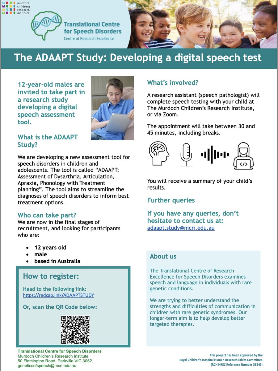 Our team are seeking typically developing 12-year-old males to participate in a study to develop a new digital speech assessment. Time commitment is ~30mins to complete a one-off short speech assessment with a study speech pathologist at MCRI (or via Zoom).