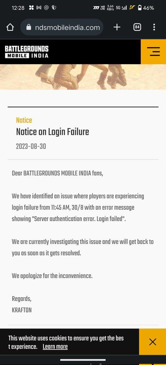 Amit_prd's tweet photo. Finally KRAFTON has issued a notice regarding login issues. Please have patience and wait sometime. https://t.co/MUUcG9oN3P