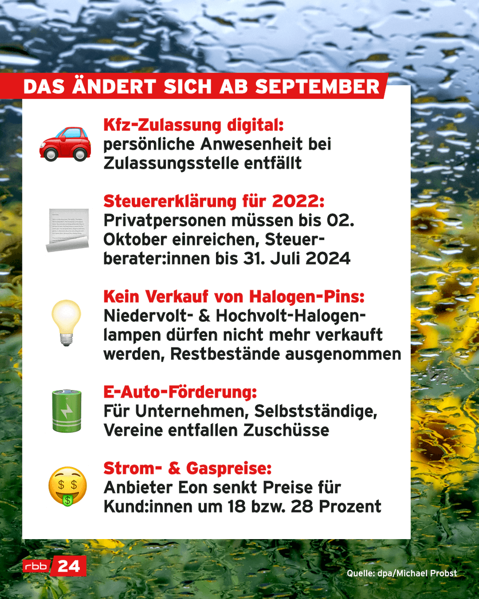 rbb24's tweet photo. Mit dem #September ändert sich meist nicht nur das #Wetter, sondern auch diverse Regelungen, die euch betreffen könnten. 👉https://t.co/gJIduhb6iv
#neuimseptember #berlin #brandenburg https://t.co/OQgS1yJeGm