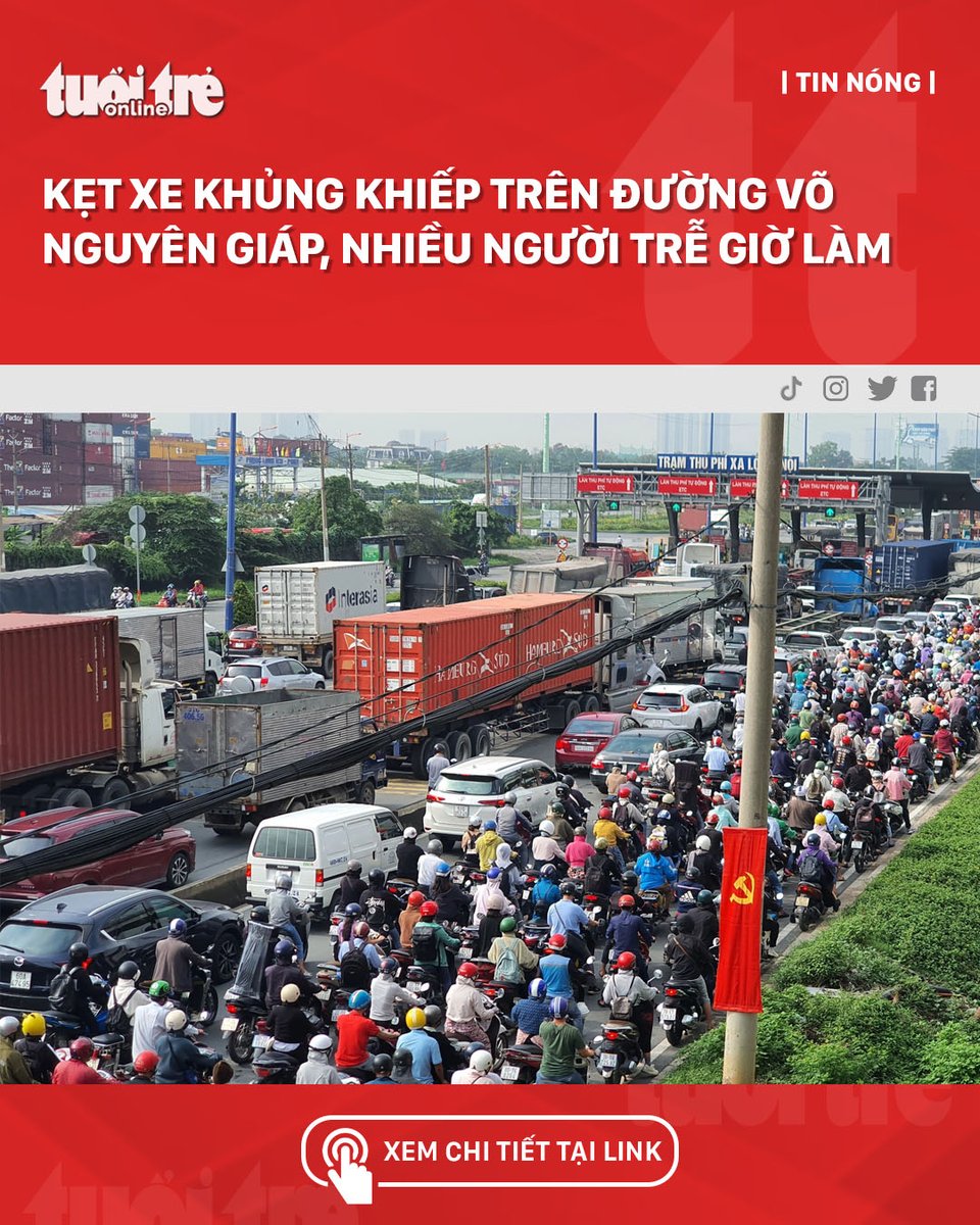 bao_tuoitre's tweet photo. Sáng 30-8, hàng ngàn xe nối đuôi nhau "chôn chân" khi đường Võ Nguyên Giáp (thành phố Thủ Đức) kẹt xe nghiêm trọng, kéo dài nhiều giờ, nhiều người trễ giờ làm.
#BaoTuoiTre #ketxe #TPHCM https://t.co/hm19WQ3azo