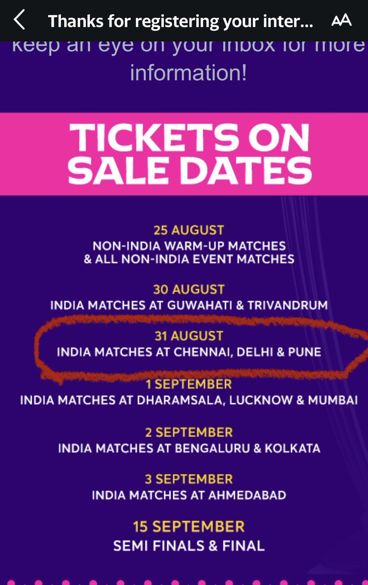 ajithv89's tweet photo. @ICC @BCCI @cricketworldcup : At the time of registration it was told that Chennai tickets sales starts on Aug 31st … But now it’s already sold out !!! 😭  In the name of offers big scam is going on #Thalapathy68 #trending https://t.co/ss7dfklGmX