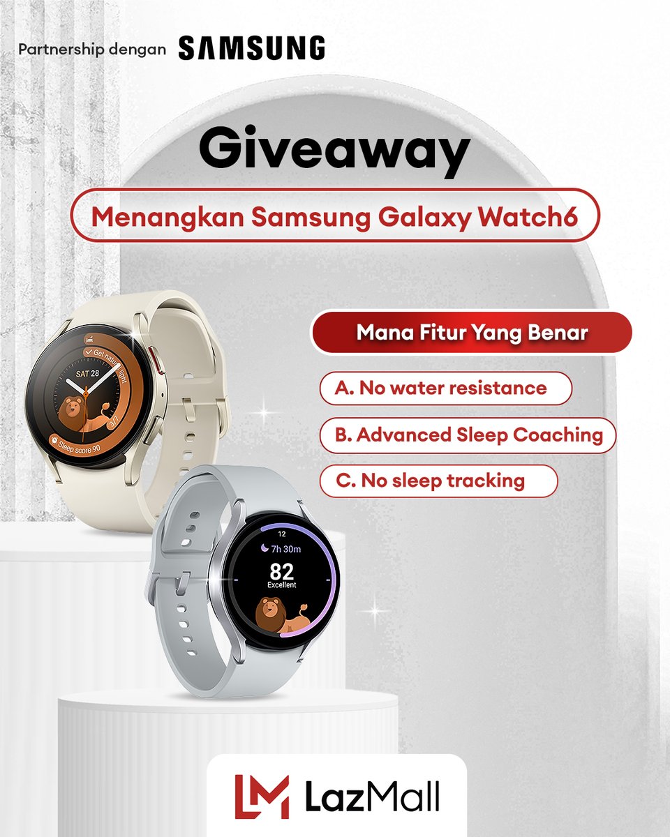 LazadaID's tweet image. ✨ GIVEAWAY ALERT ✨

MAU SAMSUNG GALAXY WATCH6 GRATIS? 

1. Follow 
@LazadaID, @samsungID &amp;amp; tag 3 teman 
2. RT, Like &amp;amp; komen fitur yang benar + kenapa kamu harus menang pake hashtag #LazadaGiveaway #GalaxyWatch6 #WatchEverydayWellness sebanyak-banyaknya~